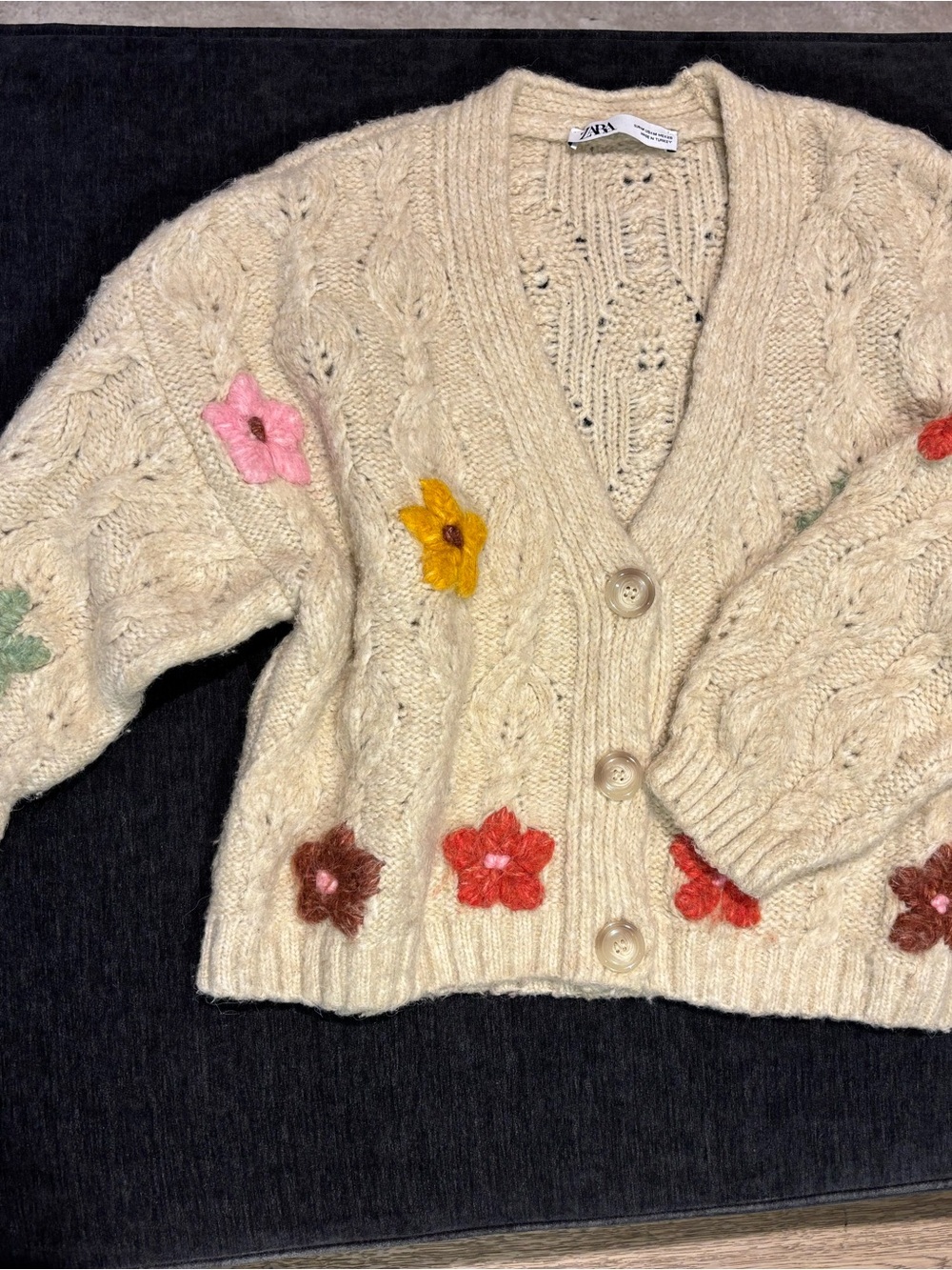 Zara Cream Cable-Knit Cardigan with Multicolor Floral Appliqués